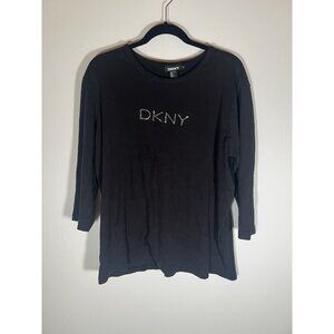 Vintage 90s DKNY rhinestone logo 3/4 sleeve black tshirt 1X retro classic